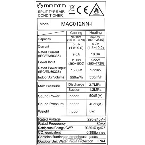 Manta MAC NN klíma hűtő-fűtő légkondicionáló S R32 3.5kW, WIFI, csepptálca leolvasztás, -20 °C-ig fűt