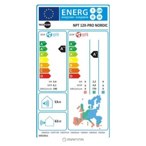 Techpoint NPT 12X PRO Nordic Inverteres Split Klíma Csepptálca Fűtéssel és Wifivel 3,4kW